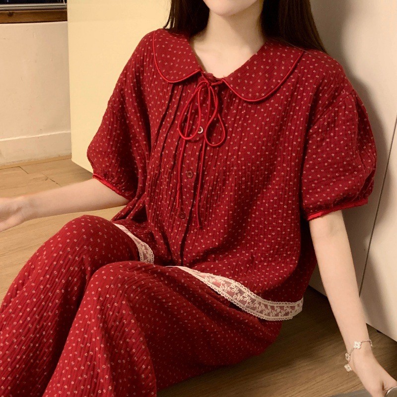 睡衣女2025韩甜美小清新宽松透气软绵双纱短袖夏季外穿家居服套装