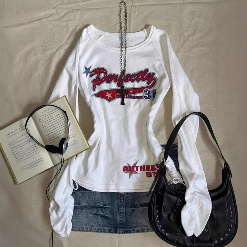 2025 New Spring Long Sleeve Round Neck T-shirt All-match Drawstring Tight Waist Design Sense Niche Fashion Top Women's Trend