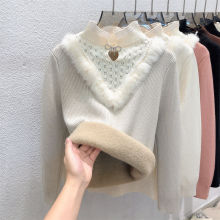 加绒加厚毛衣女士秋冬装半高领一体绒打底衫内搭2023新款蕾丝高级