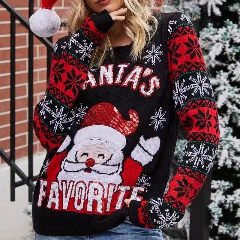 European and American foreign trade autumn and winter new loose embroidered Santa Claus women's pullover knit sweater top with jacquard design European and American foreign trade autumn and winter new loose embroidered Santa Claus women's pullover knit sweater top with jacquard design
