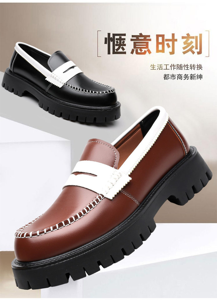 Giày da nam tăng chiều cao mũi vuông, kiểu Hàn Quốc, đế cao su, mang kiểu lười — màu nâu, đen chi tiết 3