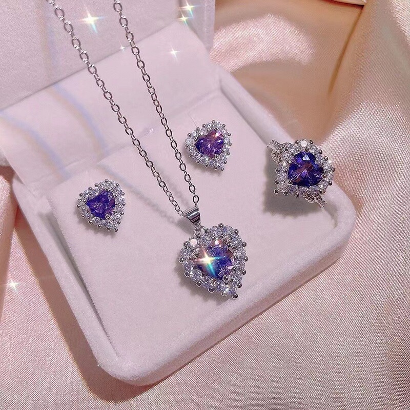 Purple Love Necklace Ring Earrings Three-piece Set Cross-border Jewelry Light Luxury Niche High-end No Fading Necklace for Women Purple Love Necklace Ring Earrings Three-piece Set Cross-border Jewelry Light Luxury Niche High-end No Fading Necklace for Women