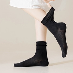 Knit Girl Pure Cotton Spring Summer Mesh Breathable Bump Socks for Girls College Style High Top Turned Edge Medium Calf Socks