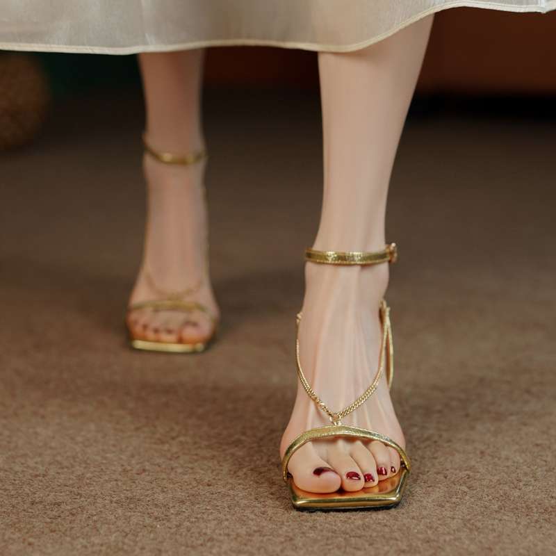 Highly Recommended! Extremely Comfortable to Wear! Super Beautiful Gold Open-Toe Stiletto Heels with Chain, French-Style Open-Toe Women's Sandals