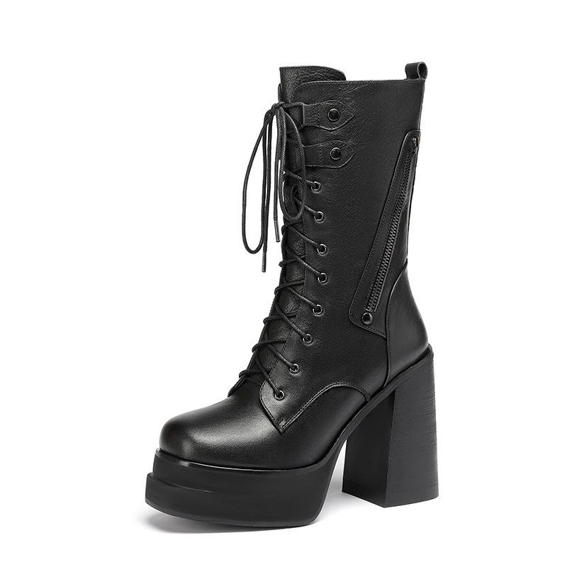 Boot nữ cổ trung dây buộc đế platform gót cao 12 cm — Lót lông đen