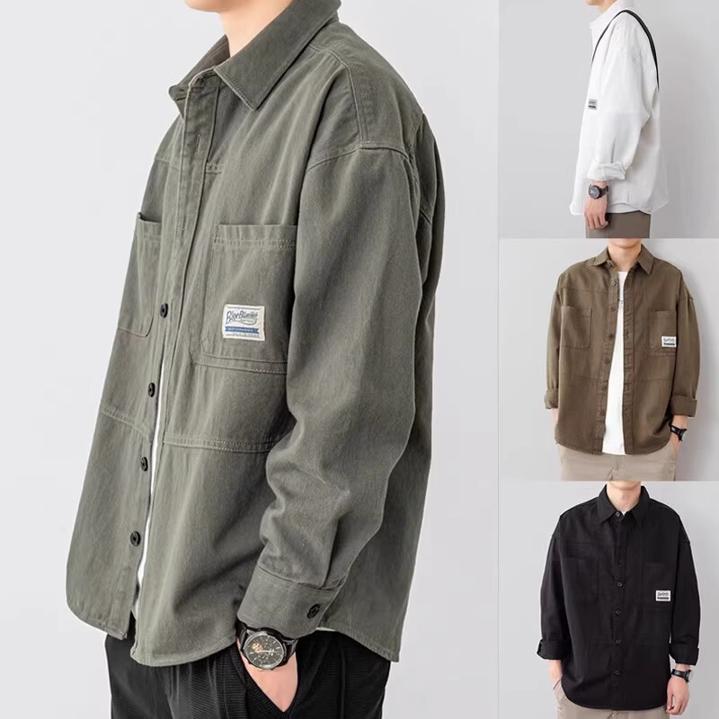 Men's Workwear Shirt Jacket Spring and Autumn Loose Trendy Casual Versatile Solid Color Cardigan Lapel Jacket Men's Workwear Shirt Jacket Spring and Autumn Loose Trendy Casual Versatile Solid Color Cardigan Lapel Jacket