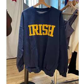 BM风多巴胺穿搭宽松藏蓝色IRISH字母贴布绣圆领卫衣女 bm套头外套