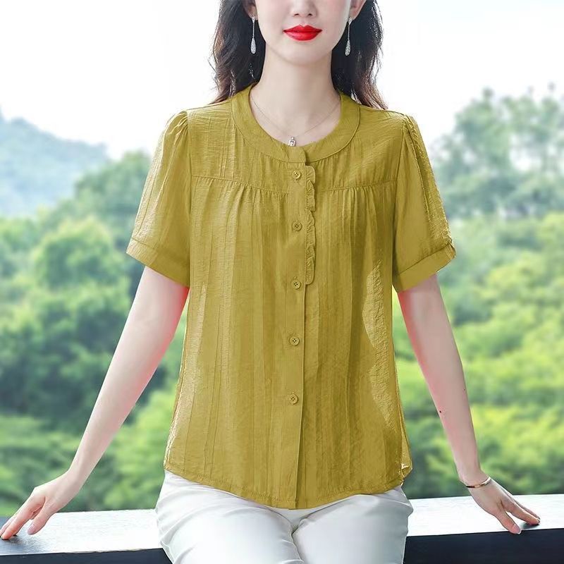 2025 Spring and Summer Fashion Simple Temperament Loose Belly Covering Slimming Round Neck Cotton Linen Shirt Solid Color Mother Top Small Shirt 2025 Spring and Summer Fashion Simple Temperament Loose Belly Covering Slimming Round Neck Cotton Linen Shirt Solid Color Mother Top Small Shirt