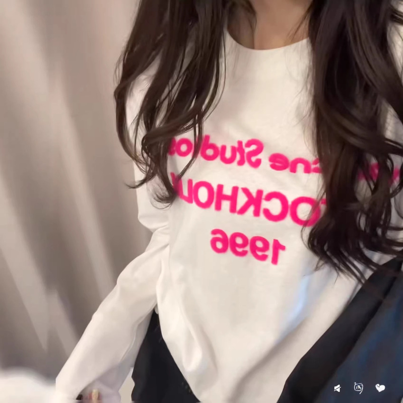 Nanyou Ac26 New Year Design Letter Flocking Loose Round Neck Long and Short Sleeve Top for Women 2026 New Spring Clothing