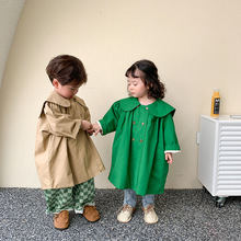 左左王子童装2022春秋新款韩版女童大翻领风衣儿童双排扣外套