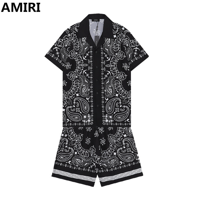 Men's Suit Shirt Amiri Classic Pattern Color Matching Printed Youth Casual Short-Sleeved Shirt Suit