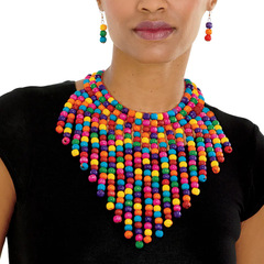 Colorful Wooden Bead Fringe Necklace Set Ethnic Style Exaggerated Multi-layer Necklace Amazon Decorative African Necklace