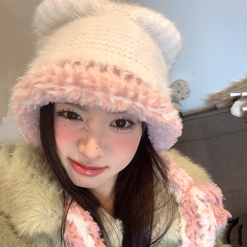 秋冬季撞色毛边护耳帽子保暖辫子可爱套头帽猫耳朵显脸小针织帽女|undefined