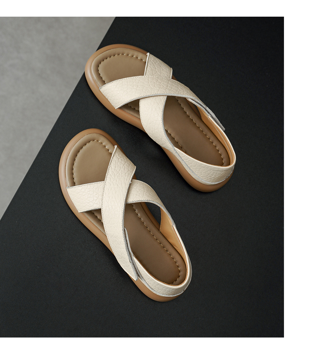Sandal nữ hở mũi đế dày da cừu phong cách đơn giản, quai dán tiện lợi — màu be chi tiết 20