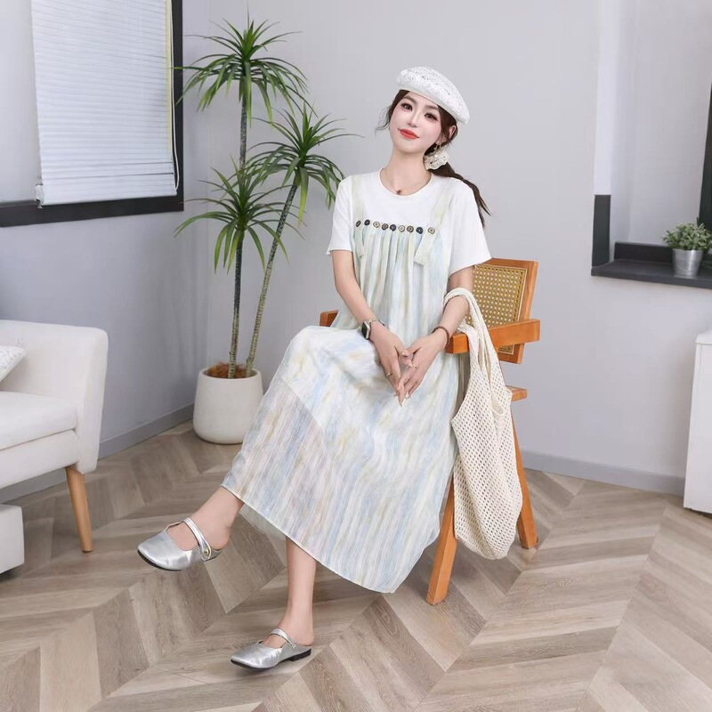 9 Sizes Plus Size Maternity Two-Piece Style Suspender Dress Summer Tie-Dye Loose Fit Belly-Covering Late Pregnancy Slimming Dress