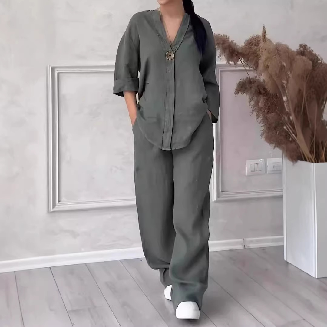 Ensemble de vêtements décontractés pour femmes en coton et lin : haut ample et confortable, pantalon large. Mode pour occasions formelles et décontractées._voghion.com