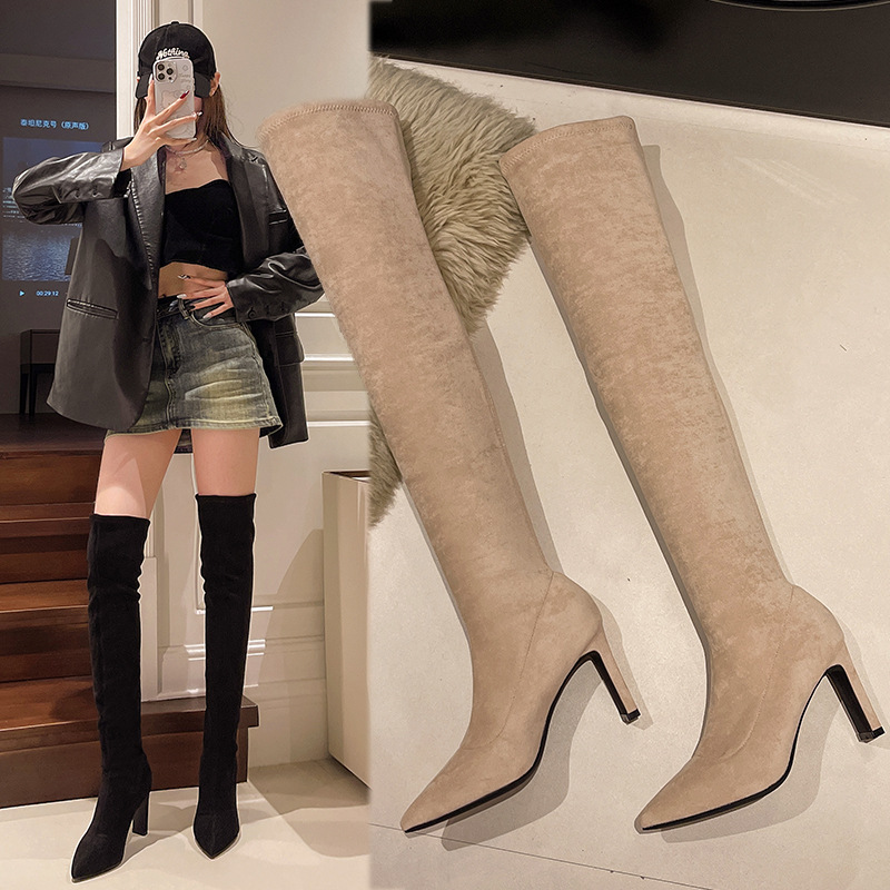 2025 Autumn and Winter New Korean Style Medium-Heeled Women's Boots Large Size Versatile Pointed Toe Popular Slim Boots Over-The-Knee Elastic Boots for Women