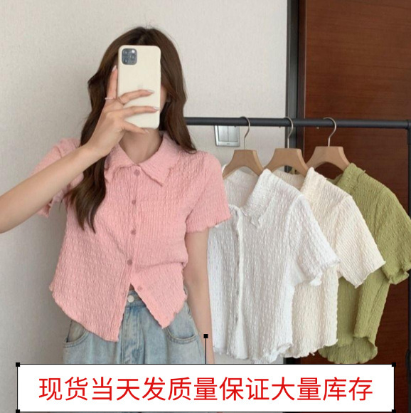 In stock preppy style sweet age-reducing POIO collar top for women 2022 Korean style girl slimming all-match short sleeve shirt for women In stock preppy style sweet age-reducing POIO collar top for women 2022 Korean style girl slimming all-match short sleeve shirt for women