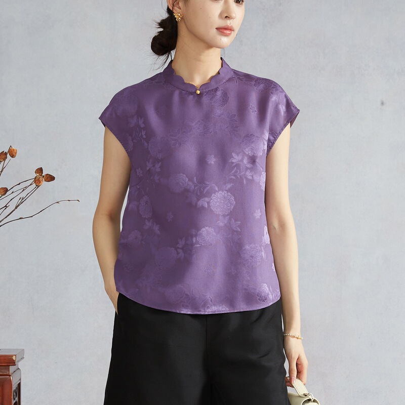 100% Mulberry Silk Red Cloud Yarn Jacquard New Chinese Style Wave Collar Silk Drop Shoulder Sleeve T-Shirt Top for Women 100% Mulberry Silk Red Cloud Yarn Jacquard New Chinese Style Wave Collar Silk Drop Shoulder Sleeve T-Shirt Top for Women