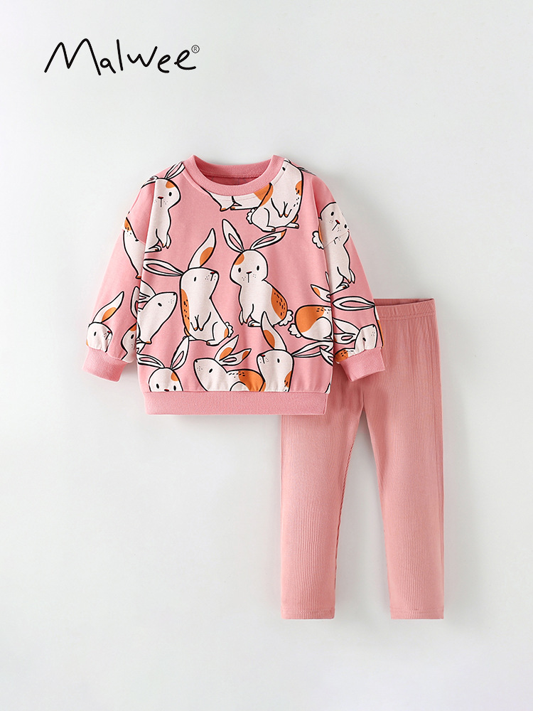 Malwee traje de otoño de dos piezas para niñas nuevo traje casual de niña de estilo occidental con estampado de cuello redondo para niños europeos y americanos