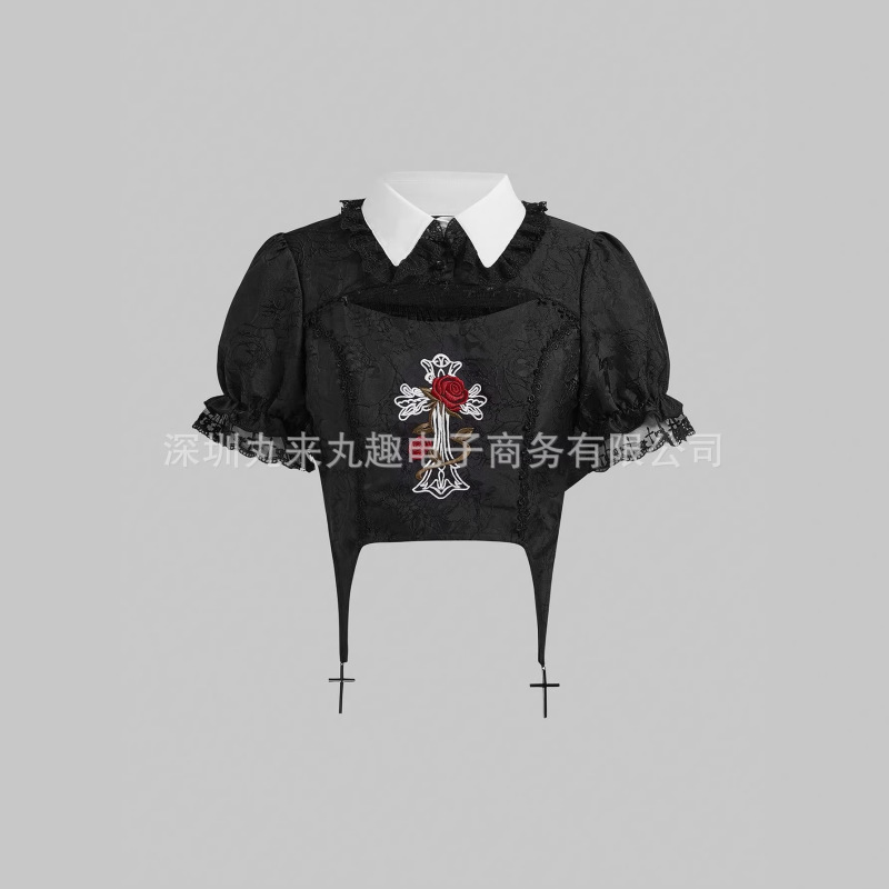 Cross-Border Gothic Style Black Lace Puff Sleeve Top with Cross-Shaped Waist-Cinching Design, Cropped Dark Style Sweet and Spicy Girl Shirt Cross-Border Gothic Style Black Lace Puff Sleeve Top with Cross-Shaped Waist-Cinching Design, Cropped Dark Style Sweet and Spicy Girl Shirt
