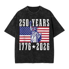 美国250周年纪念2026年7月4日250周年爱国水洗T恤男士复古棉T恤夏
