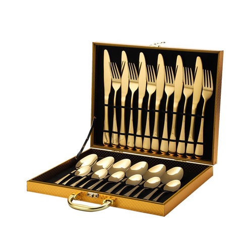 Cutlery Cross-Border 24-Piece Stainless Steel Tableware Set with Knife, Fork, Spoon, Home Storage Stand, Gold Gift Box
