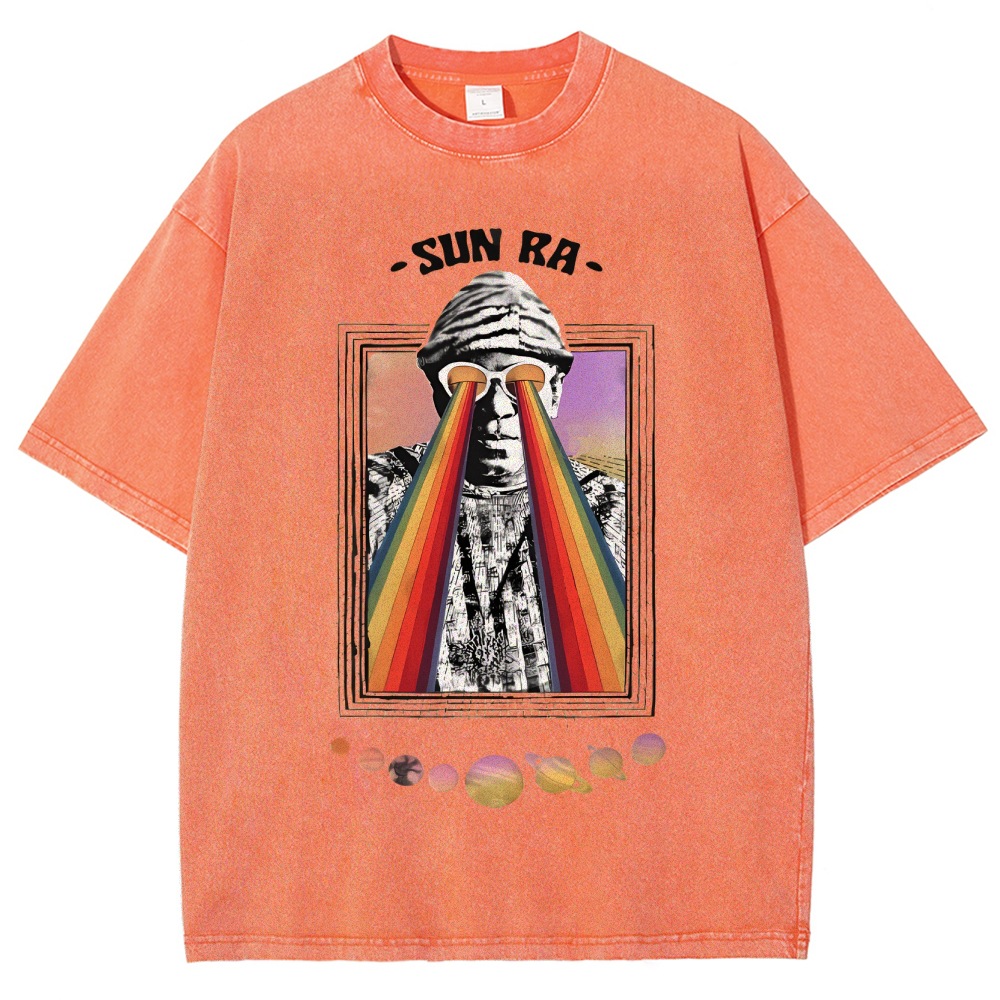 INS ホットセールメガネレインボーストリートクールレトロルーズラウンドネックピュアコットンメンズ Tシャツウォッシュ加工男性と女性用