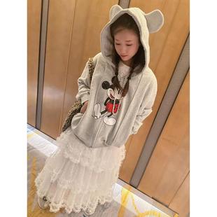 Little Sun Gray Lazy Style Cartoon Mickey Print Loose Slim Hooded Sweatshirt Cardigan 8126