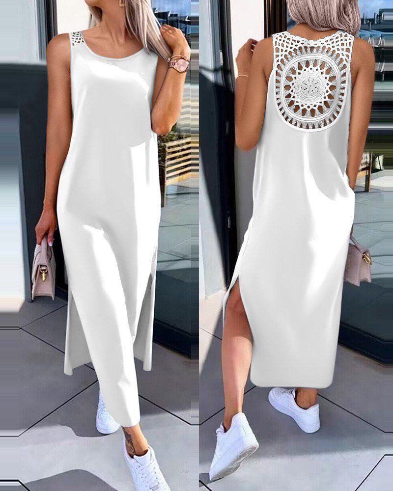 European And American Style Foreign Trade Women's Clothing Lace Hollow-out Suspender Sleeveless Slit Tank Dress,_ecoleips.com