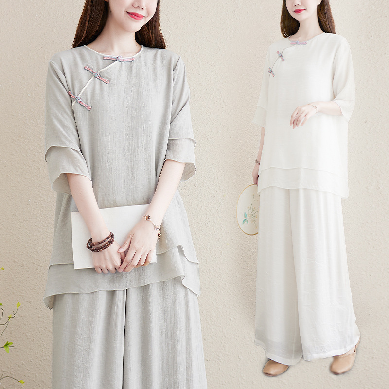 Fairy cotton and linen yoga clothes two-piece summer meditation clothes women's suit Zen Jushi clothes Chinese style buckle tea clothes