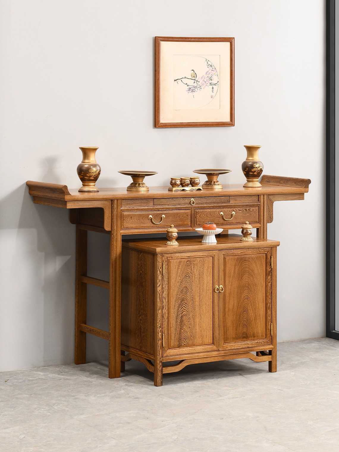 Chicken Wing Wood Offering Table with Cabinet, Solid Wood Offering Table with Drawer, New Chinese Style Incense Altar, Redwood Strip Case, Buddhist Niche, Buddhist Table