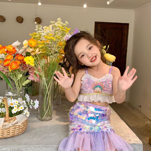 Children's Costume Mermaid Princess Glitter Straps Child Sleeveless Mermaid Girl Fish Tail Stylish Summer Dress Set