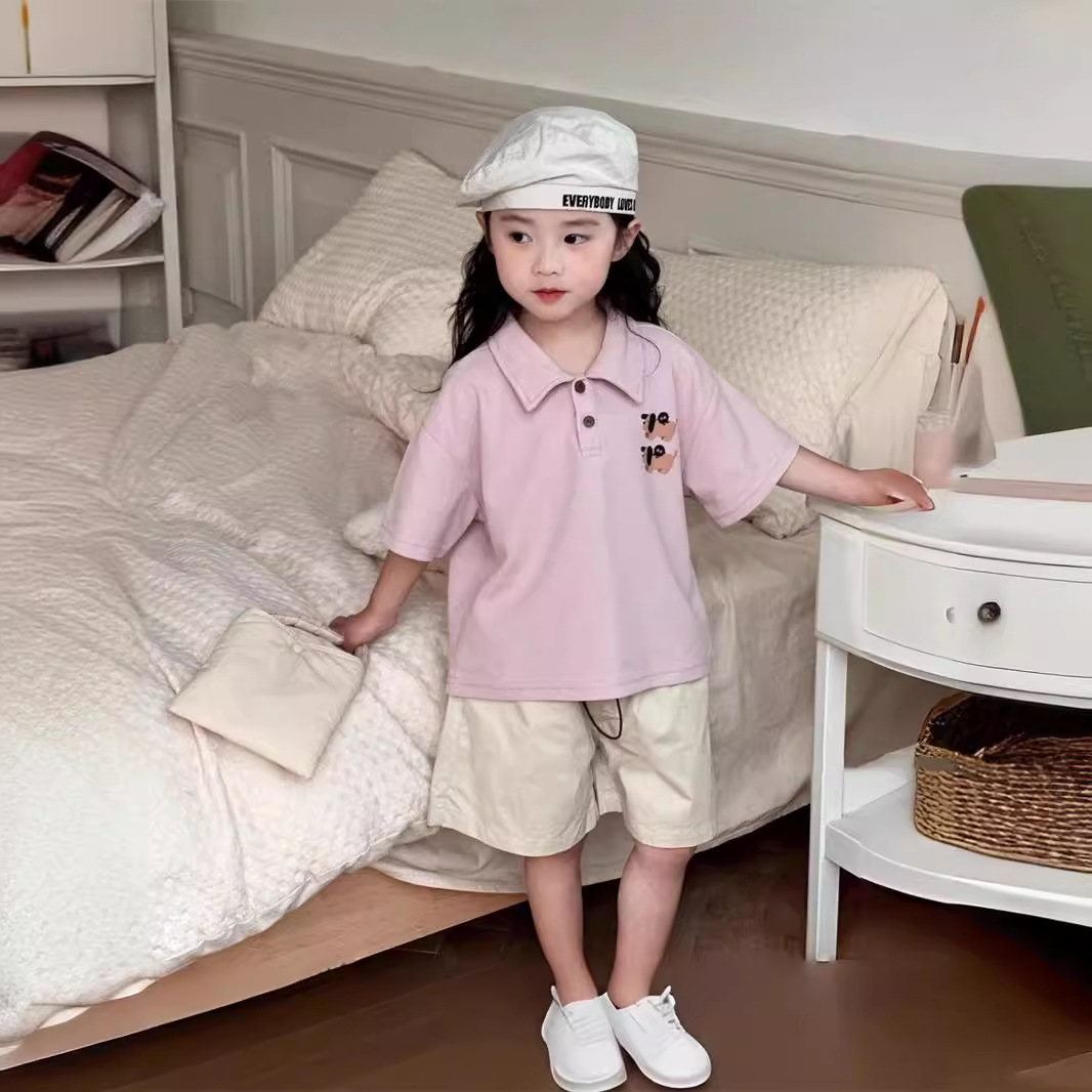 Korean version girls' short-sleeve POLO shirt student loose matchable cartoon print summer top for girls' babies half-sleeve T-shirt