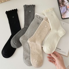 双针花边纽扣堆堆袜百搭纯色中筒袜子女秋冬日系袜子韩版袜ins
