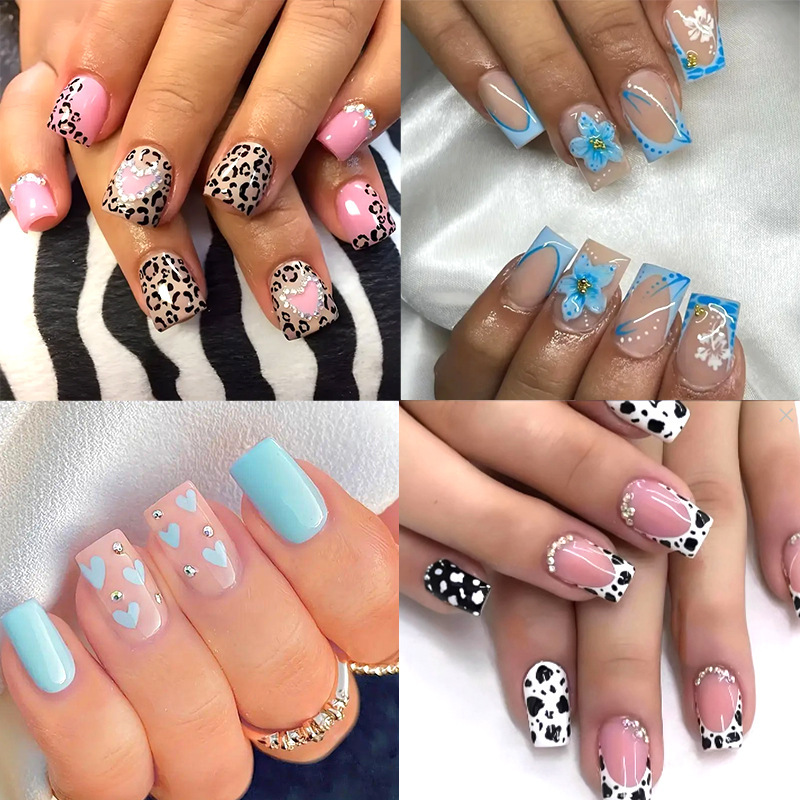 Hot-Selling Foreign Trade 24-Piece Nail Art Set with High-End Fashion Simple Rhinestones Featuring Butterfly, Flower, and Cow Designs for Wholesale