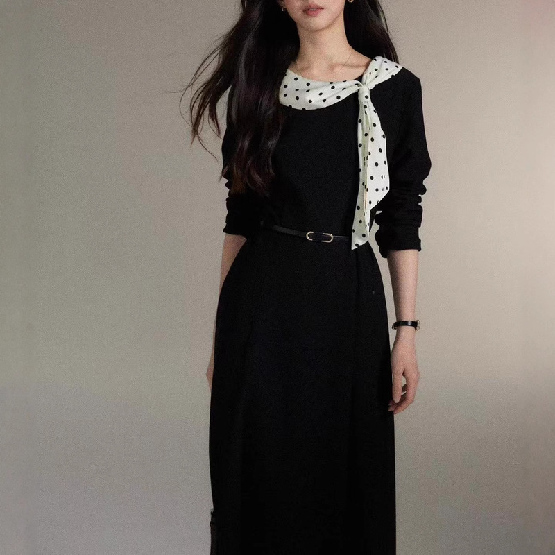 Er Yang Design [Nanyi] French Style Polka Dot Floating Collar and Black Dress Women's High-End Waist Skirt