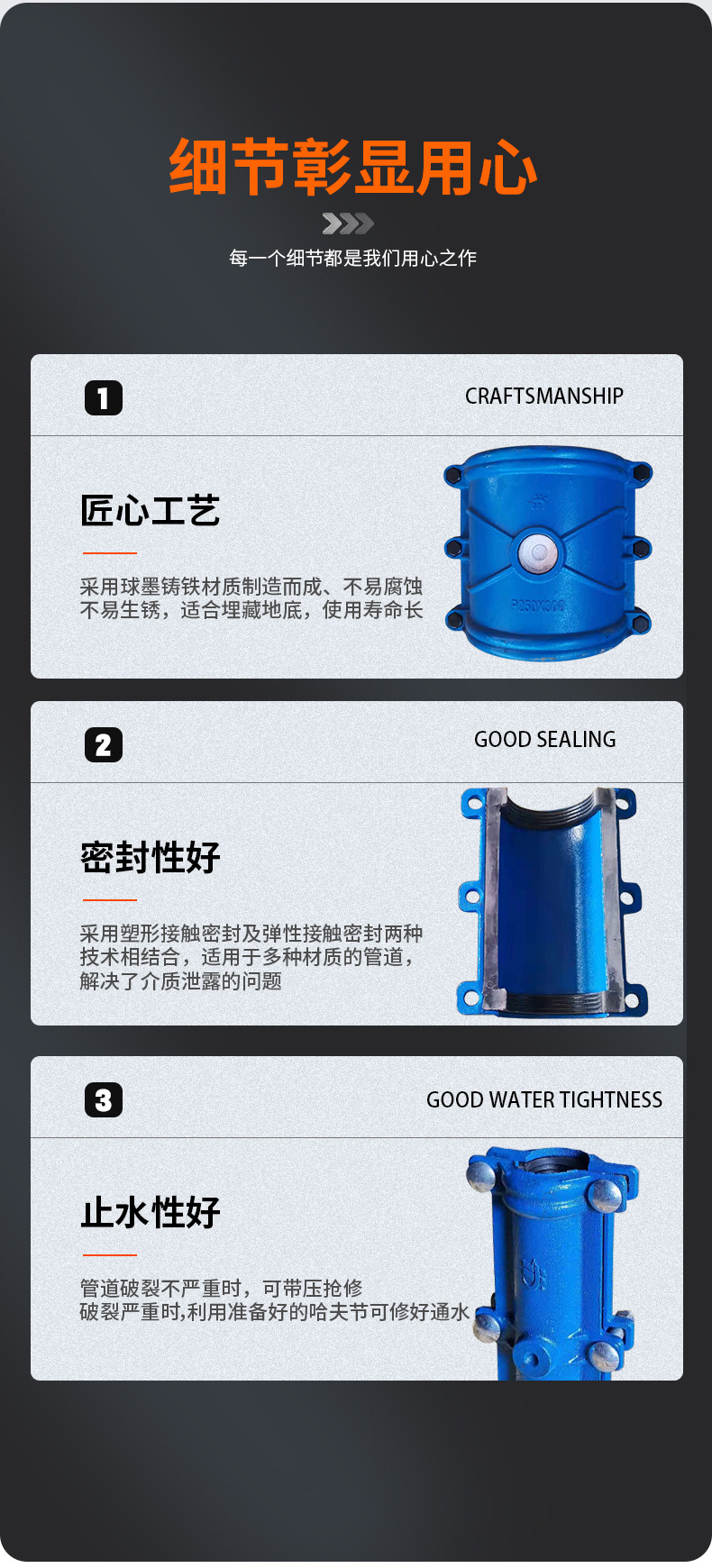 球墨铸铁哈夫节,抢修节,PE管用堵漏器,P110-200长度300,管道补漏器