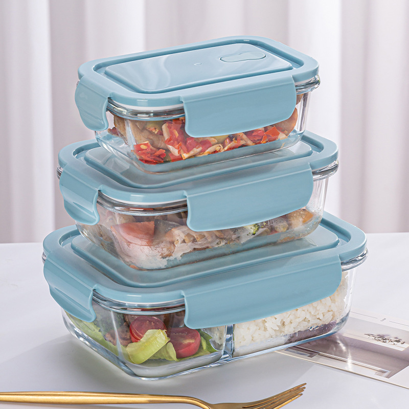 Glass Fresh-keeping Box Fresh-keeping Bowl Microwave Separated Lunch Box Student Work Rectangular Lunch Box Gift Box suit