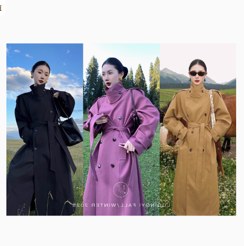 Lü Qingyi【Banquet in the Mountains】Classic Lapel Trench Coat for Women, Autumn Double-Breasted Oversized Mid-Length Commuter Style