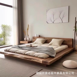 中式老榆木床酒店民宿做旧单双人大床实木榻榻米床原木矮床地台床