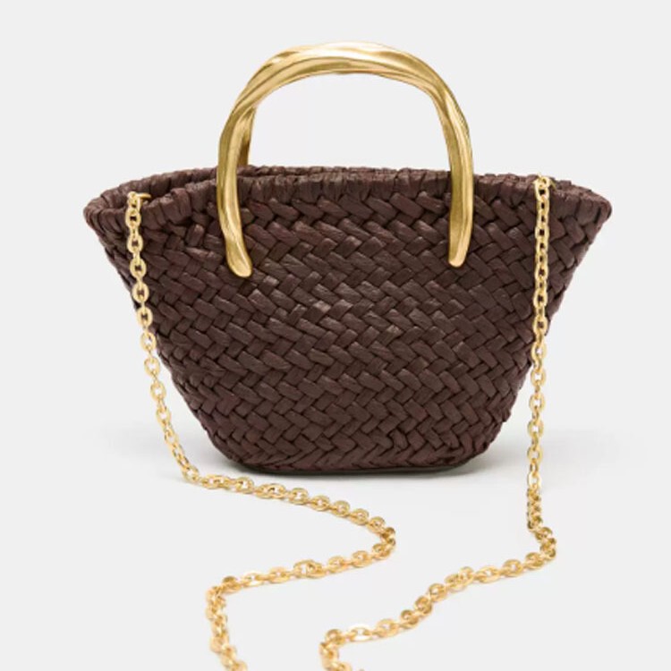European and American Retro New Style Woven Straw Women's Bag, Light Luxury Fashion Metal Handbag, Niche Design Shoulder Bag