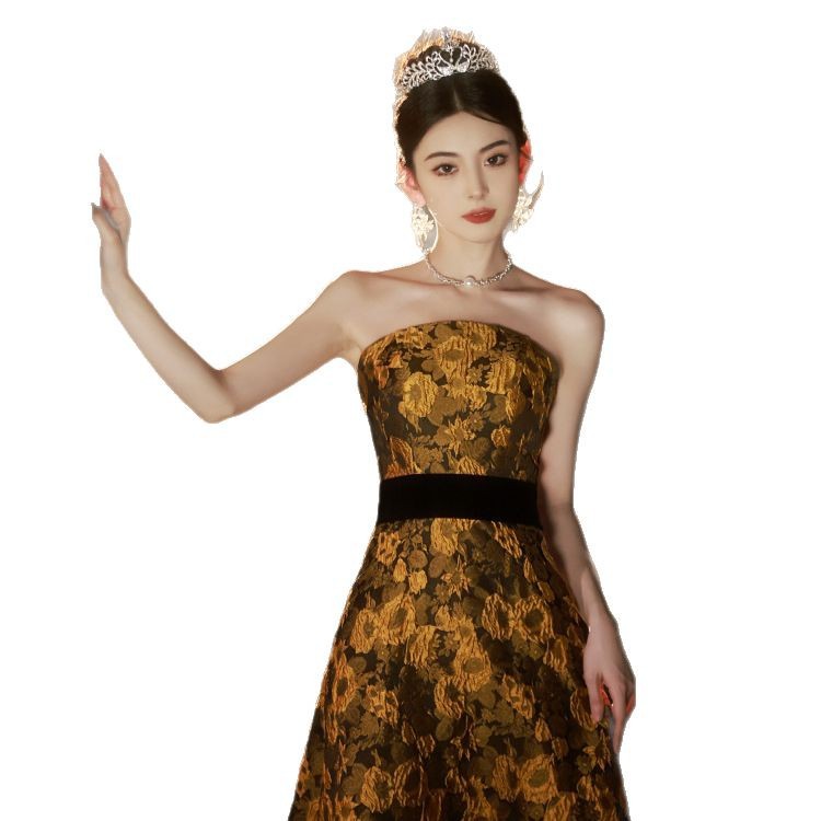 Đầm dạ hội nữ không dây phong cách Pháp, thiết kế ôm body đuôi cá, may đo cao cấp — Màu vàng