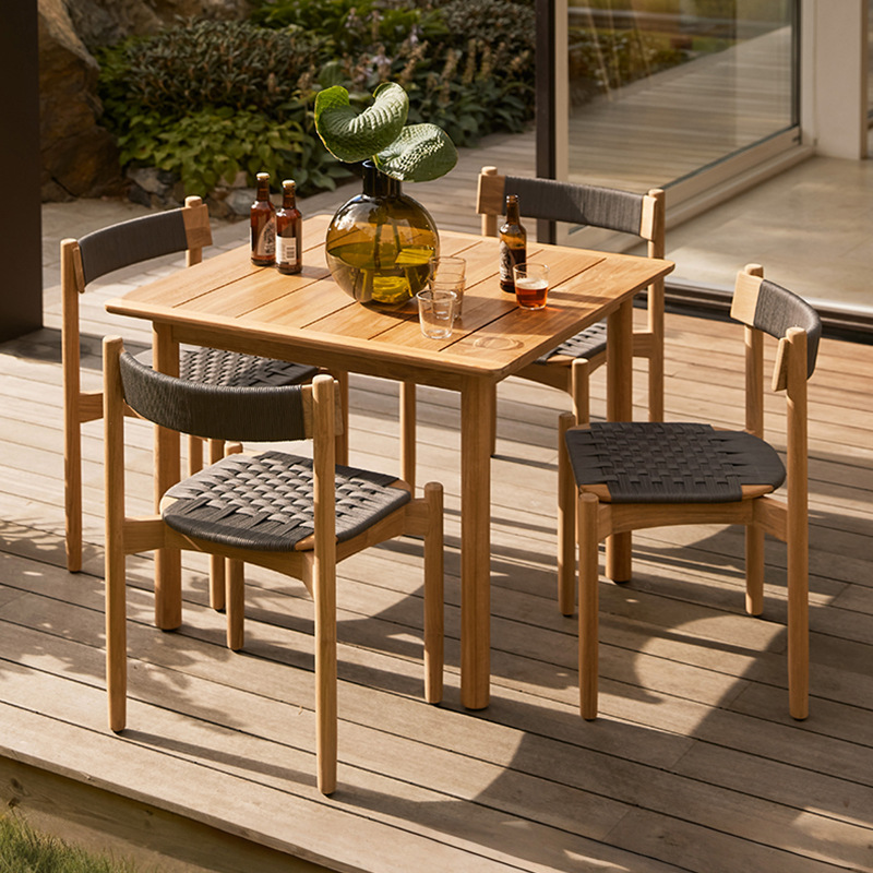 Mesa y silla de teca al aire libre, patio impermeable, protección solar, mesa y silla de comedor de madera maciza, muebles de diseño, combinación de tela de caña al aire libre