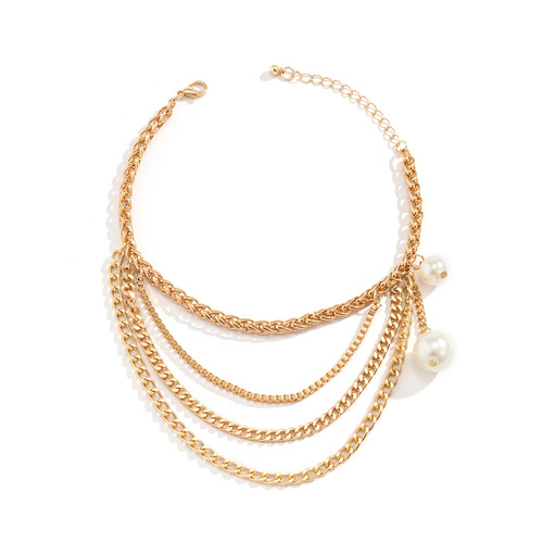 Cross-border jewelry from Europe and America, sweet and cool punk metal fringe chain ankle chain for women, imitation pearl beach pendant ankle accessory