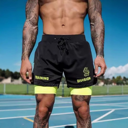 American Sports Shorts Men's Fitness Four-Point Quick-Drying Running Double-Layer Fake Two-Piece Basketball Training Belt Lined Two-In-One