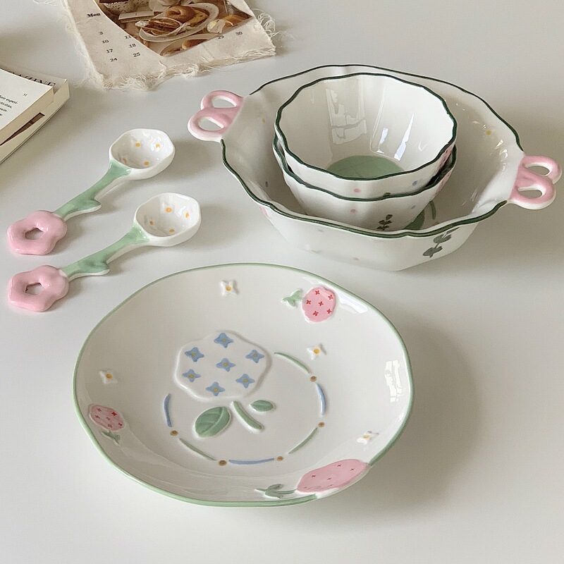 Small fresh relief tableware ceramic household underglaze color rice bowl ins high color salad bowl creative bowl suit