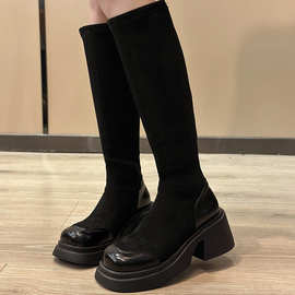 长筒靴2023秋季新款瘦瘦靴厚底女套筒短靴百搭时装简约粗跟弹力靴
