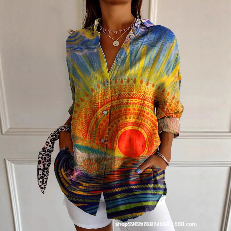 2025 New Ladies Long Shirt Women's Summer European and American Trend Long Sleeve Shirt Printed Pattern Printed 3D Shirt