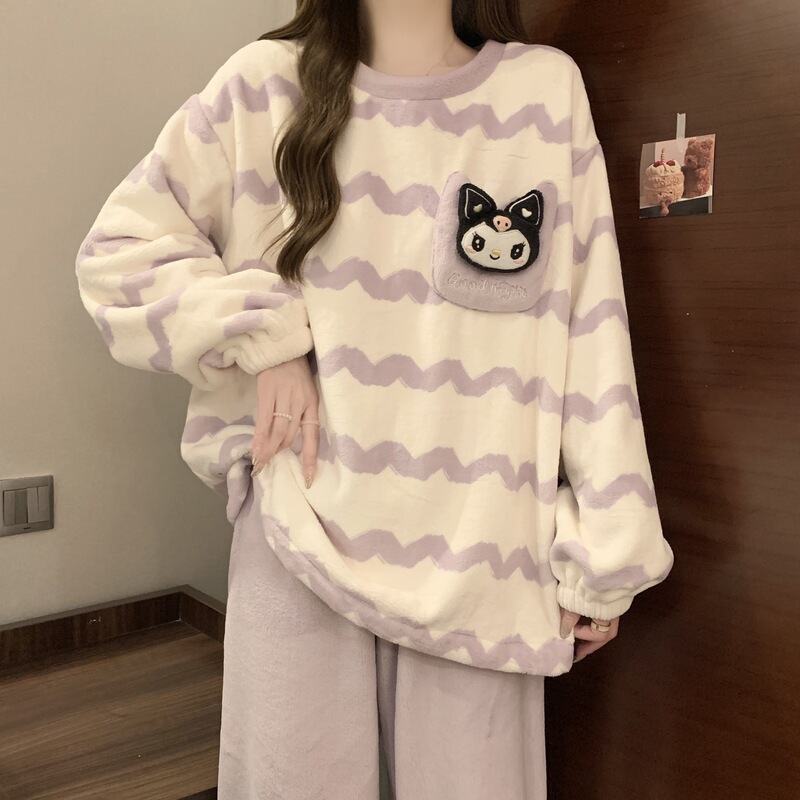 Kuromi Coral Velvet Pajamas for Women, Autumn and Winter, Fleece-Lined and Thickened, Cute Internet Celebrity Style, Flannel Loungewear, in Stock